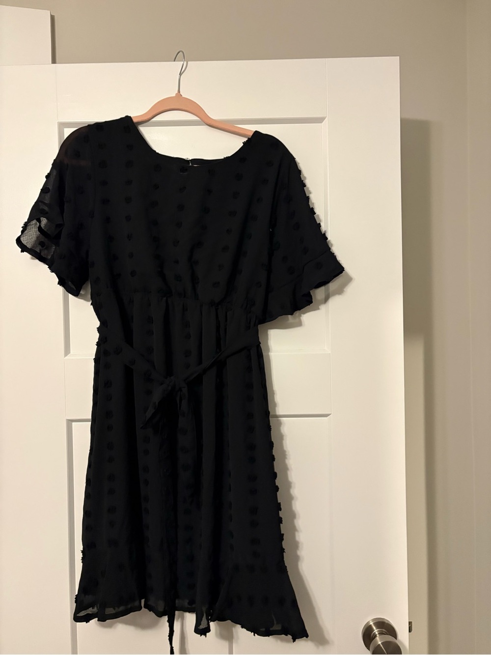 Motherhood Black Swiss Dot Tie-Waist Mini Dress